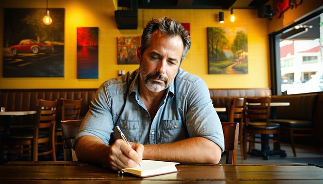 In the heart of Tampa Florida a thoughtful restaurant owner a middleaged man dressed in a casual shirt sits contemplatively at a rustic wooden table his brow furrowed as he writes in a notepad embodying the weight of a pivotal decision The warm ambie-1