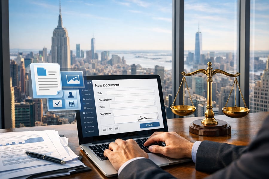 Saas business showing document creation and the scales of justice while someone is entering information on a laptop Have the photo in a high rise off