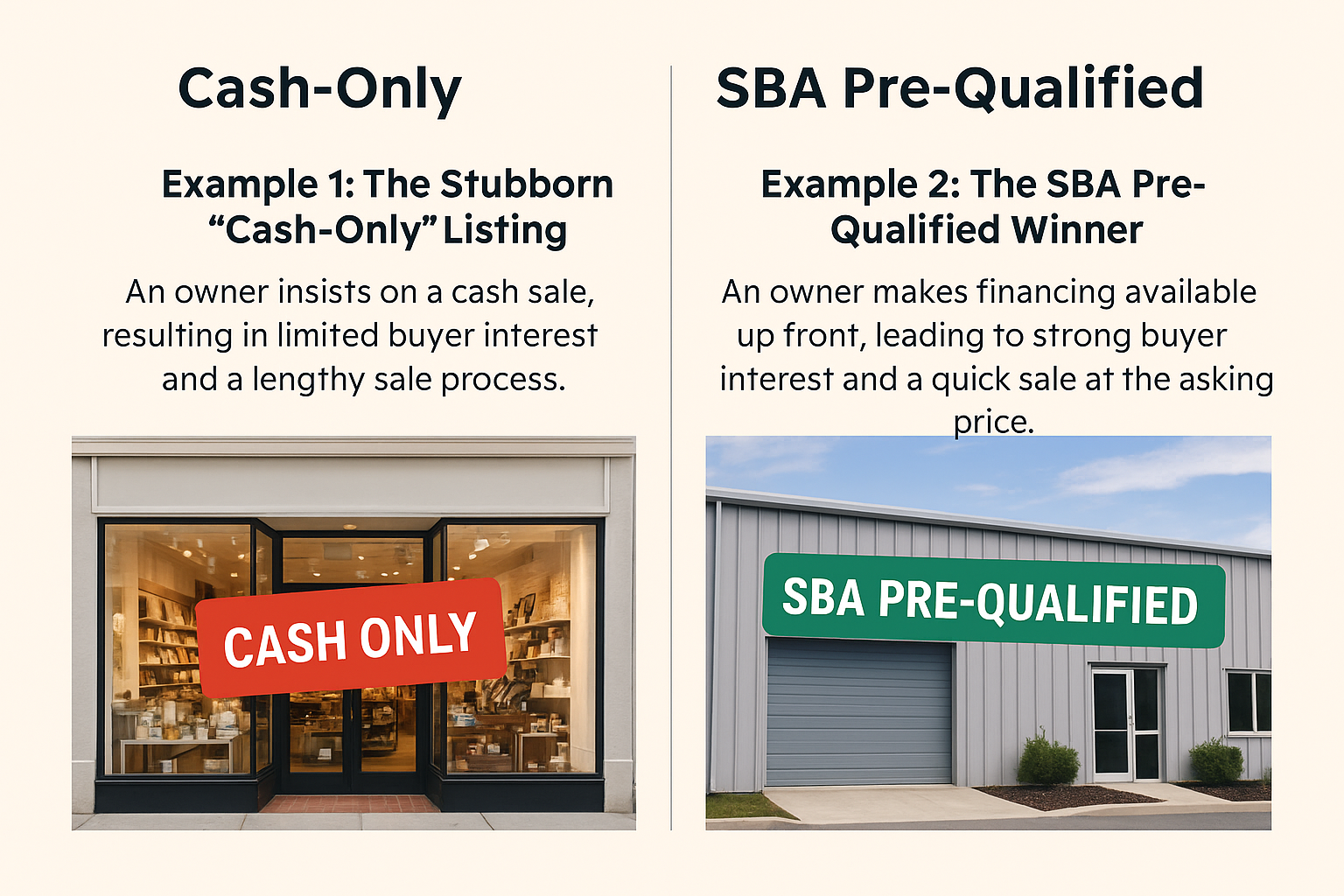 Infographic comparing Tampa business for sale scenarios: cash-only listing struggles to sell, while SBA pre-qualified Tampa business attracts buyers and sells fast at full price