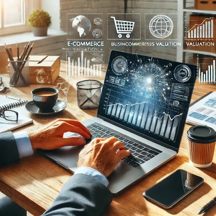 DALL·E 2025-04-24 06.35.08 - A business broker working on a laptop with graphs and analytics on screen, representing e-commerce business valuation. Office desk setup with coffee c